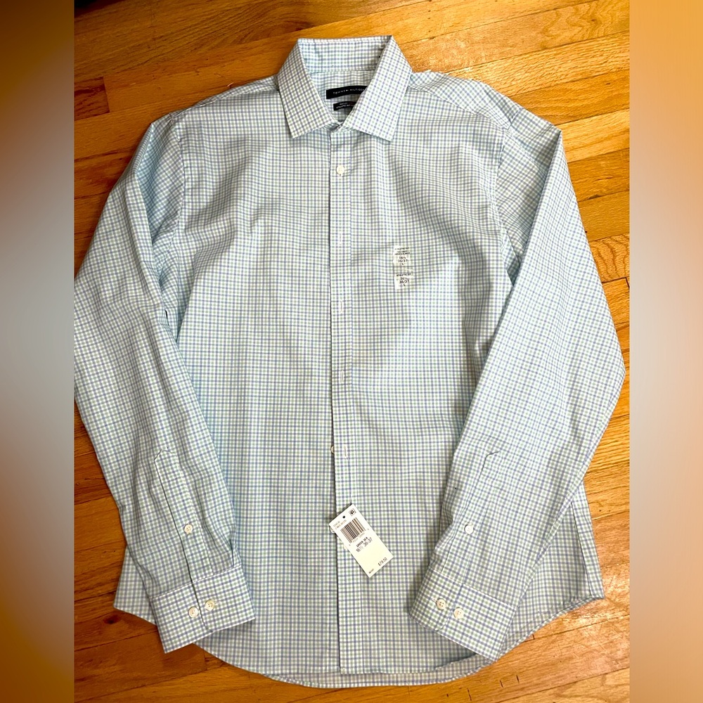 NEW Mens Tommy Hilfiger green blue plaid thflex collar athletic fit shirt large